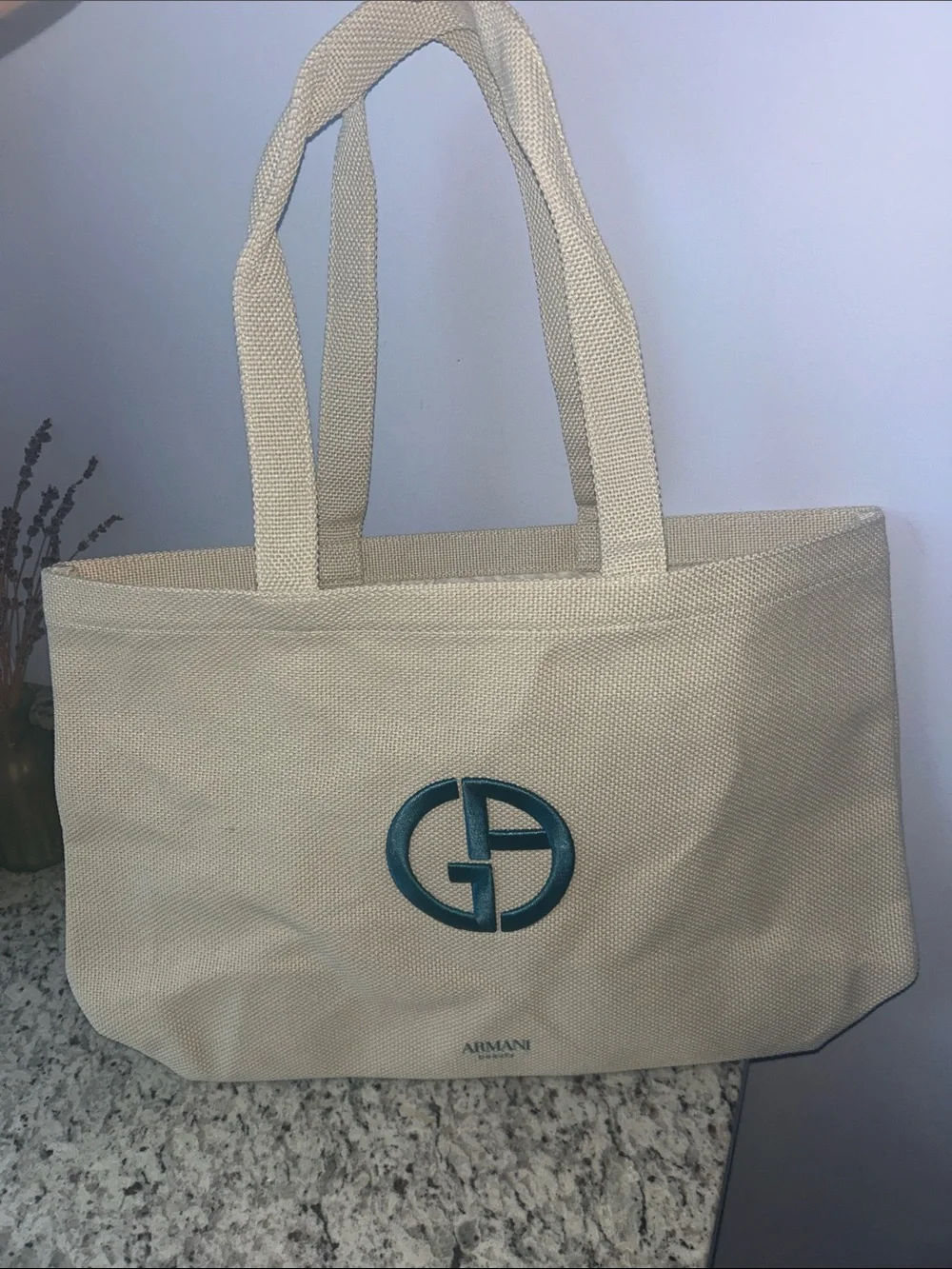Giorgio Armani Cream Canvas Tote with Teal Logo